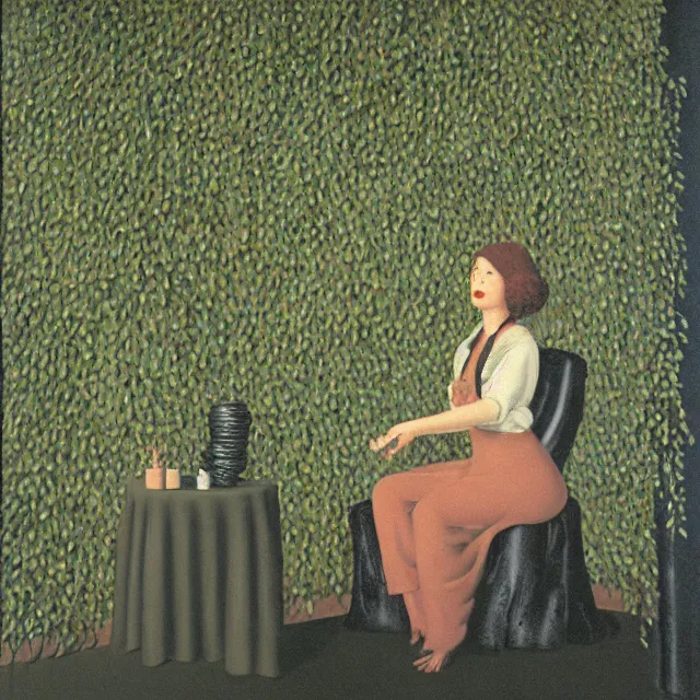 Image similar to a pathology student in her apartment, wrapped in vines, stepping stones, octopus, berries, black walls, ikebana, black armchair, sculpture, moss, acrylic on canvas, surrealist, by magritte and monet