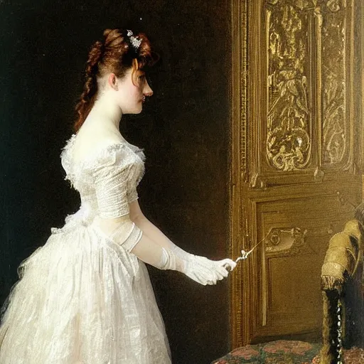 Image similar to young victorian lady in ball gown putting on her dress glove, painted by alfred stevens