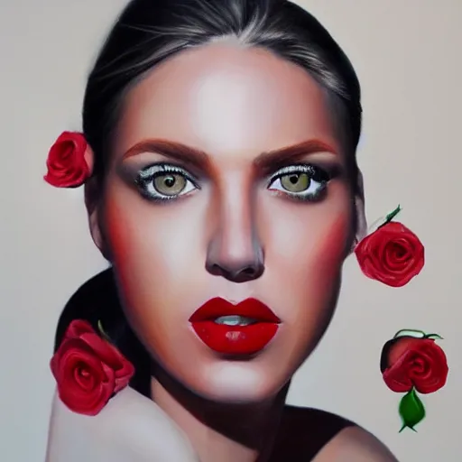 Image similar to hyperrealism oil painting, fashion model portrait, red lip stains, roses