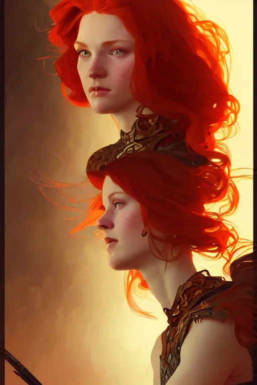 Image similar to a beautiful redhead warrior girl, fantasy, portrait, sharp focus, intricate, elegant, digital painting, artstation, matte, highly detailed, concept art, illustration, ambient lighting, art by ilya kuvshinov, artgerm, alphonse mucha, and greg rutkowski