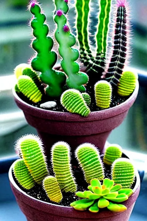 Image similar to crystals shaped like exotic succulent fern strange cacti, a potted plant made of gemstones in a windowsill