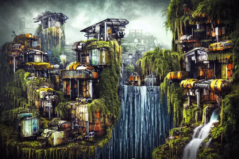 Prompt: gothic waterfall favela honeybee hive, brutalist environment, industrial factory, award winning art, epic dreamlike fantasy landscape, ultra realistic,