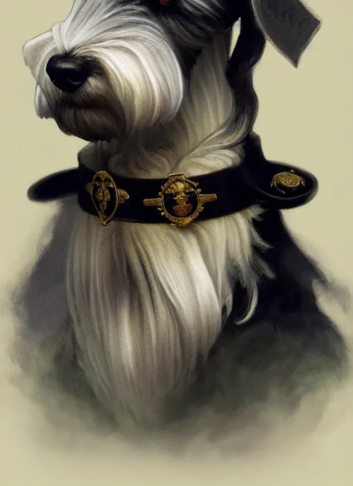 Image similar to portrait of stoic looking miniature schnauzer, military uniform, black fir, white eyebrows, fantasy, intricate, elegant, highly detailed, centered, dark, smokey, digital painting, artstation, concept art, smooth, sharp focus, illustration, art by artgerm and greg rutkowski and alphonse mucha