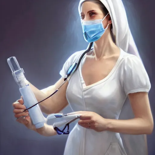 Image similar to epic portrait an female nurse in white dress and short sleeves wearing a mask and holding a syringe, digital painting, artstation, concept art, soft light, hdri, smooth, sharp focus, illustration, fantasy, intricate, elegant, highly detailed, D&D, matte painting, in the style of Greg Rutkowski and Alphonse Mucha and artemisia, 8k, highly detailed, jurgens, rutkowski, bouguereau, pastoral, rustic, georgic, detailed concept art, illustration, colorful pastel, painting, detail, ultra detailed, digital art, 4K,