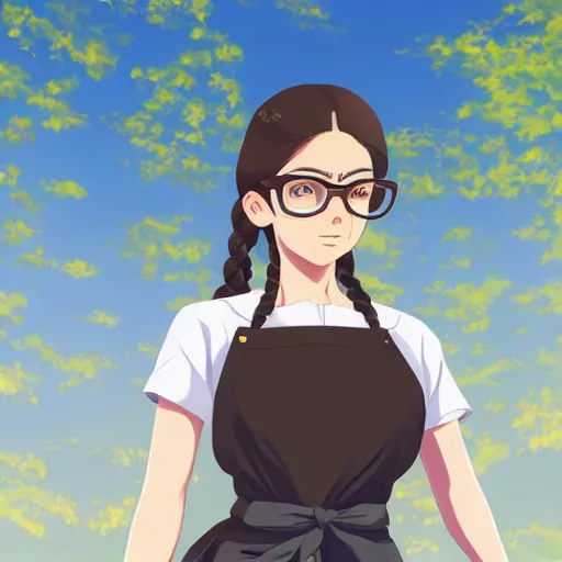 Prompt: a beautiful full body portrait of a young woman with two thick braids behind, wearing glasses and an apron standing in a park, very symmetric and beautiful face, makoto shinkai, james gilleard, ilya kuvshinov, very detailed, matte, gaussian blur, tone mapped William-Adolphe, trending on pixiv