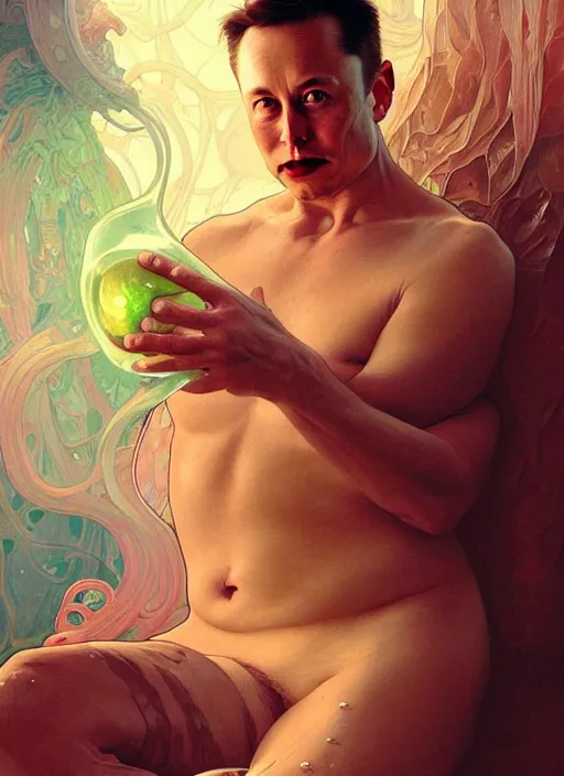 Image similar to elon musk as mollusk, slime, drool, portrait, intricate, elegant, highly detailed, digital painting, artstation, concept art, wallpaper, smooth, sharp focus, illustration, art by artgerm and greg rutkowski and alphonse mucha