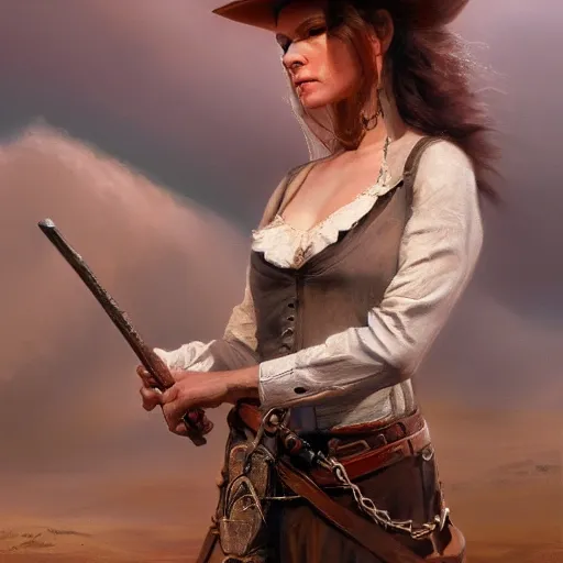 Image similar to a matte painting of the wild west woman, oil painting, pale colors, high detail, 8 k, wide angle, trending on artstation,