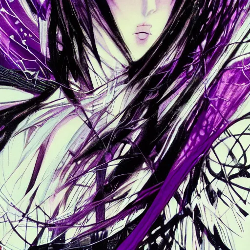 Image similar to yoshitaka amano blurry illustration of an anime girl with white hair and cracks on her face wearing dress suit with tie fluttering in the wind, purple color palette, abstract black and white patterns on the background, upside down cross earring, noisy film grain effect, highly detailed, renaissance oil painting, weird portrait angle