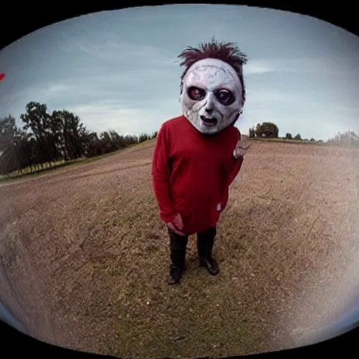 Image similar to the most horrifing photo of michel myers, fish eye