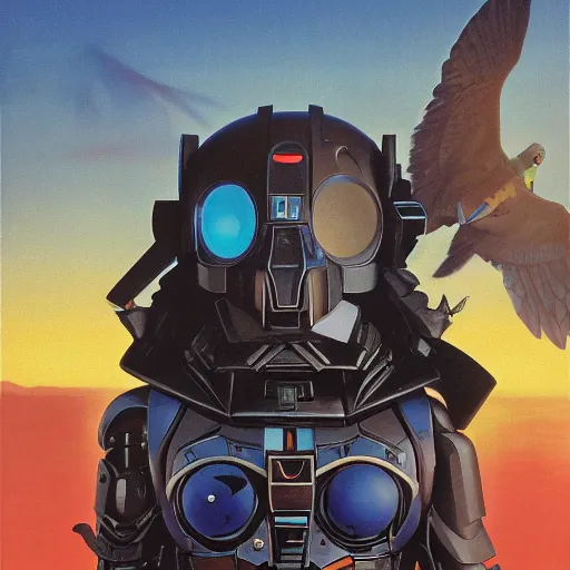 Prompt: obsidian gunpla droid kenku. neon goggle. anthropomorphic black bird beak. torso. raven beak helmet, science fiction, portrait by donato giancola and greg rutkowski and wayne barlow. oil on canvas. 1 9 7 8 cover. top all time r / imaginarycyberpunk.