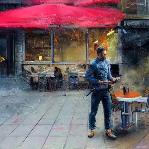 Image similar to a realistic hyperdetailed multi - colored digital oil full body portrait painting of a man playing on a playstation 5 outside at a restaurant, beer in hand, in the style of guy denning, ruan jia, and craig mullins. trending on artstation and deviantart. cgsociety digital art.