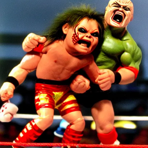 Prompt: screaming chucky doll wrestling hulk hogan wrestlemania iii