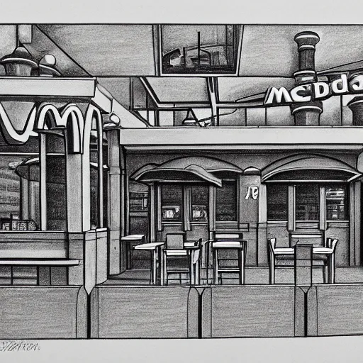 Prompt: drawing of mcdonalds restaurant building, highly detailed, smooth, sharp focus, drawing by m. c. escher