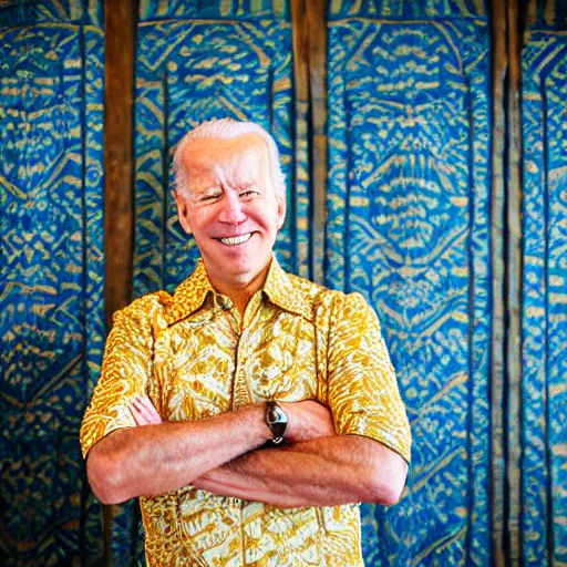 Image similar to A Photo Portrait of Joe Biden Wearing Indonesian Batik Tulis at a fancy Balinese restaurant, award winning photography, sigma 85mm Lens F/1.4, blurred background, perfect faces