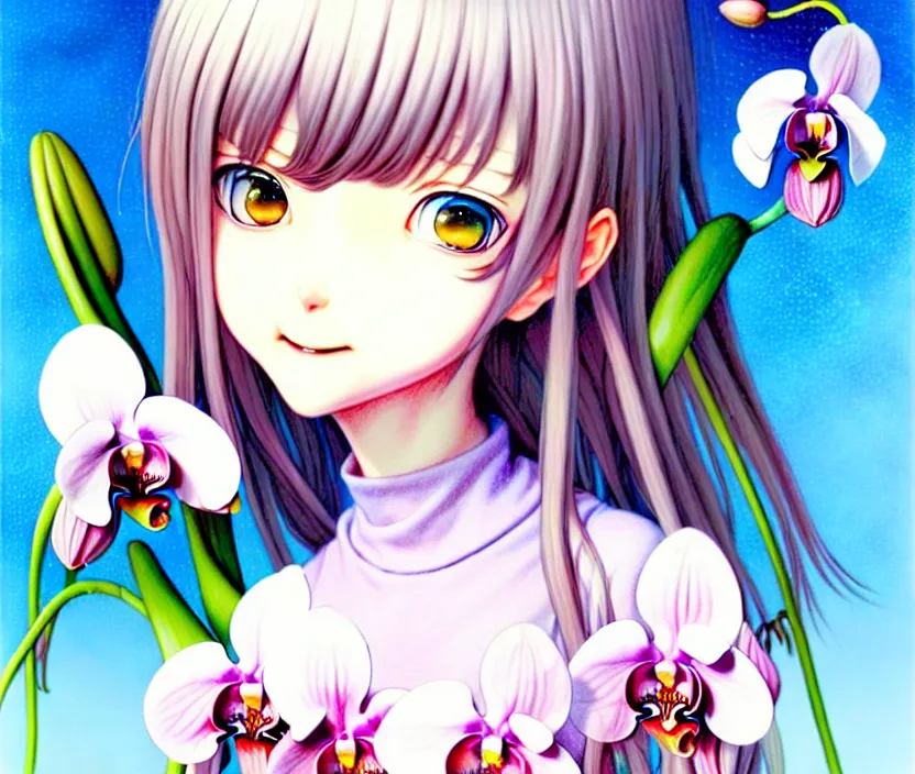 Image similar to a very cute richly detailed colored pencil 3D illustration of a mentally happy christian girl who resigned to her fate of being turned crazy by a psychic orchid flower demon. alluringly romanticistic art by Range Murata and Artgerm.