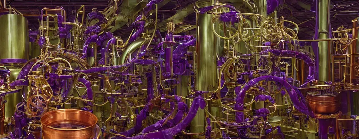 Image similar to a super high resolution film still of machine apparatus for making snake oil, huge copper machine with purple and green intricate pipework, art by andrey remnev, and bruce pennington, directed by denis villeneuve, cinematography by robby muller, kodachrome 8 k, snake machine, cinematic lighting