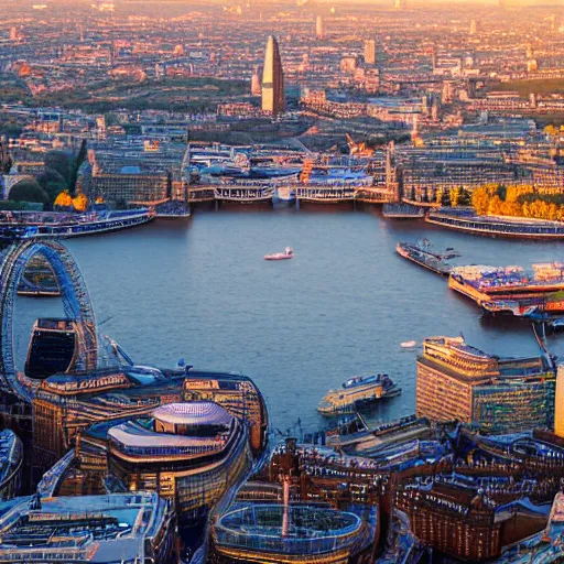Prompt: London eye, satellite view, golden hour, highly detailed