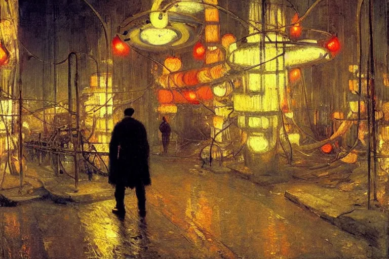 Prompt: painting of a man exploring an underground city made of pipes, string lights, neon signs, by Ilya Repin