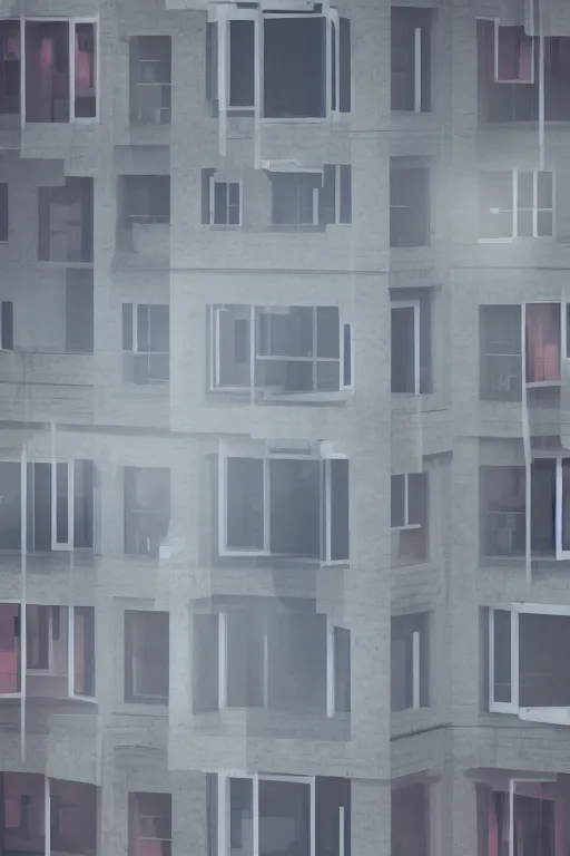 Prompt: Spying into the windows of a small tower block from outside , windows full of the private lives of the human inhabitants, volumetric lighting shines through the misty sunset sky , full color , 4K