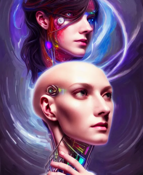 Image similar to a whirlwind of souls rushing inside the metaverse, hologram, half body, neurochip, shaved temple, piercing, jewelry, android, cyborg, cyberpunk face, by loish, d & d, fantasy, intricate, elegant, highly detailed, colorful, digital painting, artstation, concept art, art by artgerm and greg rutkowski and alphonse mucha