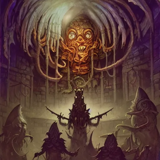 Image similar to xanathar the beholder in a dungeon, d & d, fantasy, greg rutkowski, frank frazetta, alexandre chaudret, boris vallejo, michael whelan, miro petrov, hr giger, magali villeneuve, donato giancola