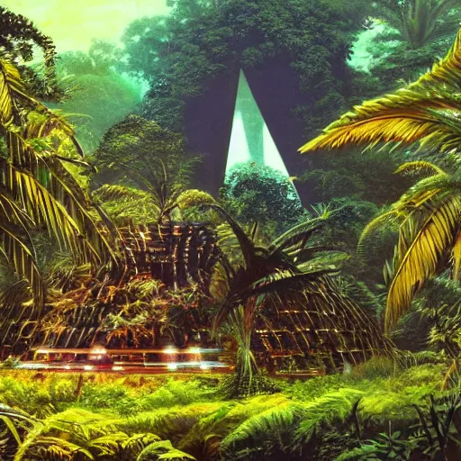 Prompt: ancient monument in the jungle, lost alien civilization, ancient alien tools and houses, tropical forest, glowing alien monuments, alien relic, syd mead, john harris, art station, flowers