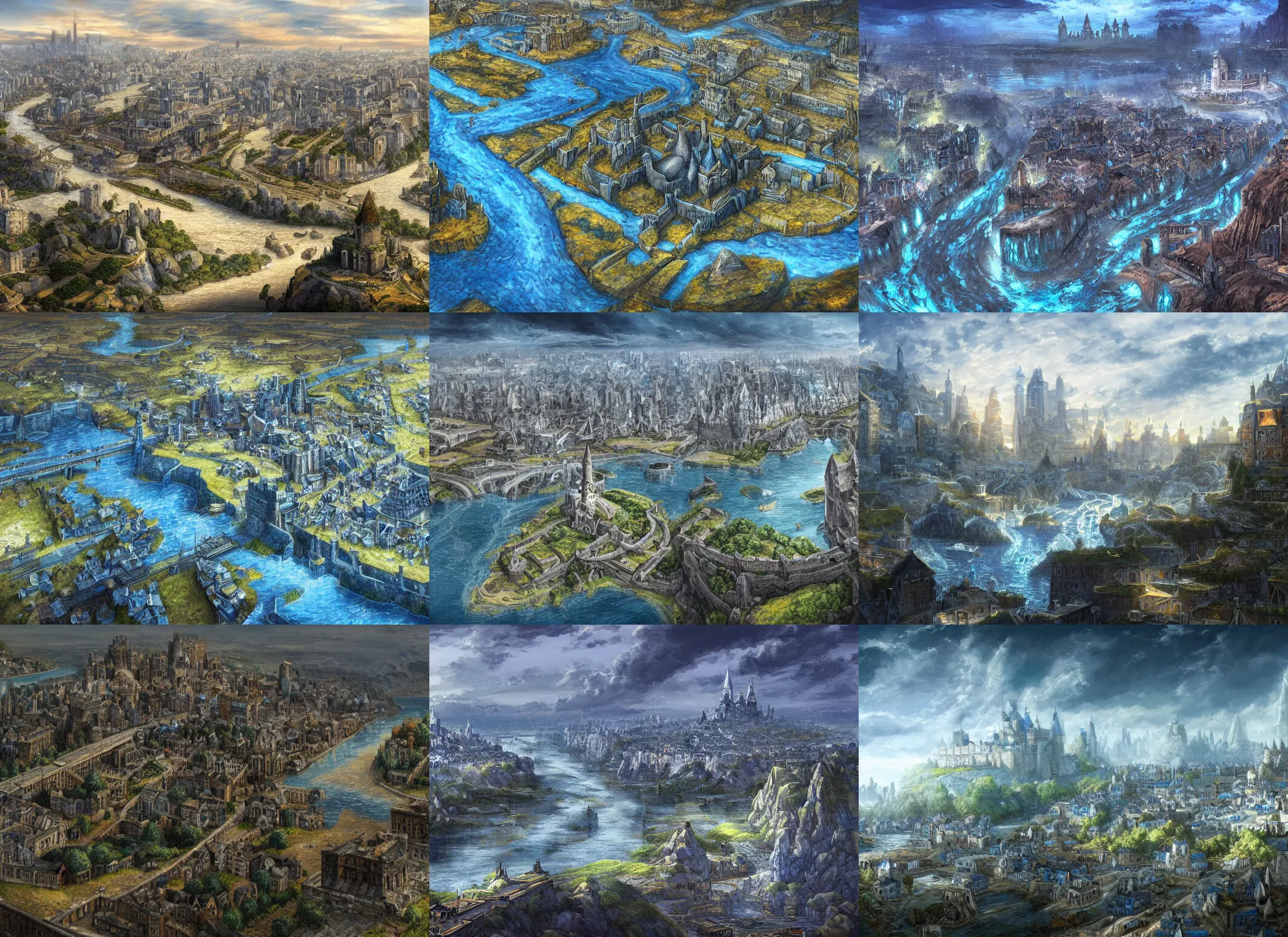Prompt: landscape depicting a grand Citadel made of blue stone at the heart of a great metropolis, river confluence, medieval fantasy, vivid, realistic, detailed digital art, 4k, Artstation