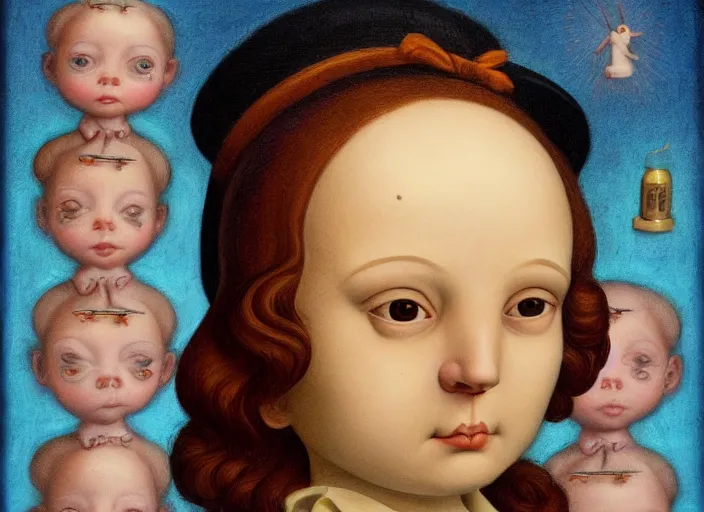 Image similar to a portrait of an inventor, lowbrow in the style of mark ryden and fra angelico,