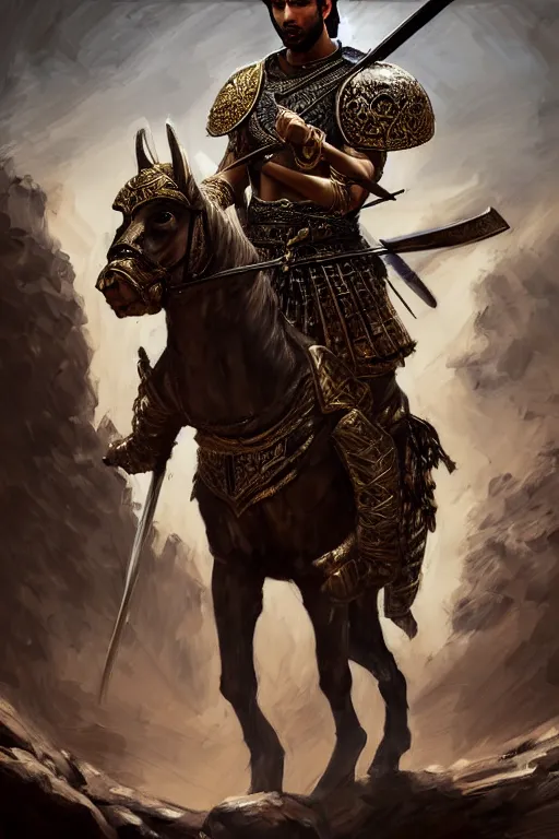 Prompt: portrait of a Persian Prince fighting at war, warrior, brutal battle, handsome prince, shaved face, no beard, attractive young man, heroic pose, persian style architecture, dramatic lighting, dark and horror, action and tragedy, dust and blood, intricate, wild, highly detailed, digital painting, artstation, concept art, smooth, sharp focus, illustration, art by artgerm and greg rutkowski and alphonse mucha, footage from space camera