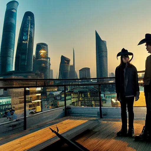 Image similar to a small rooftop with a couple of modern teenagers wearing cowboy boots and dr martens standing and talking to each other, wearing black modern clothes, modern shanghai bund is on the background, sunset, by gregory crewdson