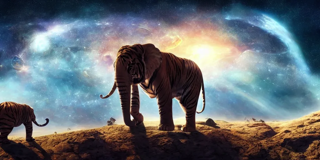 Image similar to planet - sized tiger elephant in space, next to the sun and stars, cosmic, very wide shot, epic composition, hyper detailed, digital art, trending in artstation, cinematic lighting, studio quality, unreal engine 5 rendered, art style by klimt and nixeu and ian sprigger and wlop and krenz cushart