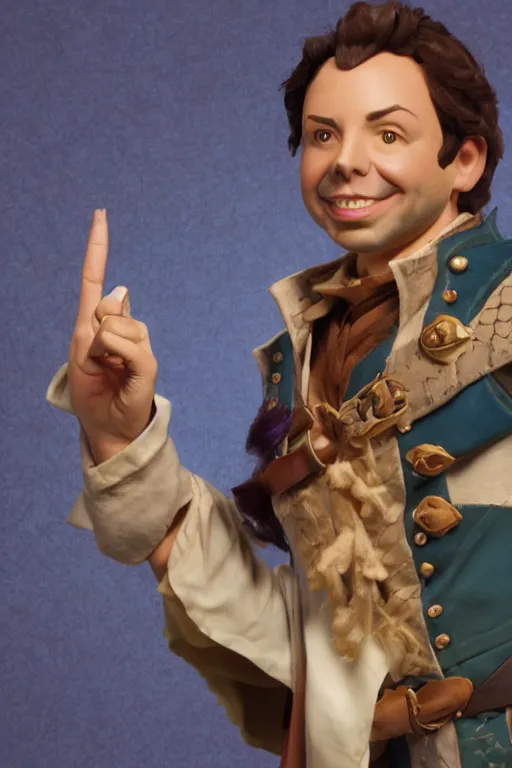 Image similar to Sam Riegel as Scanlan Shorthalt from Vox Machina, Halfling Bard, realistic cinematic shot, flipping you off using Bigby's Hand, subtle fog and mood lighting