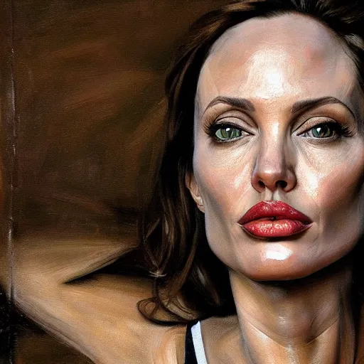 Image similar to high quality high detail painting by lucian freud, hd, angelina jolie portrait, dramatic lighting