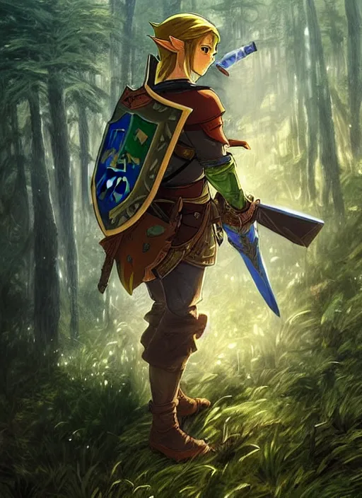 Image similar to link legend of zelda with shield on his back standing at a forest looking for adventure in the mountains, tall trees, landscape is lush, moody sunset in background, greg rutkowski, alphonse mucha, trending on artstation, artgerm, unreal engine, breathtaking, award winning, highly detailed