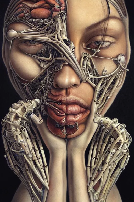 Prompt: beautiful portrait of biomechanical being by marco mazzoni, vanessa beecrof, remnev andrey, detailed, realistic skin color