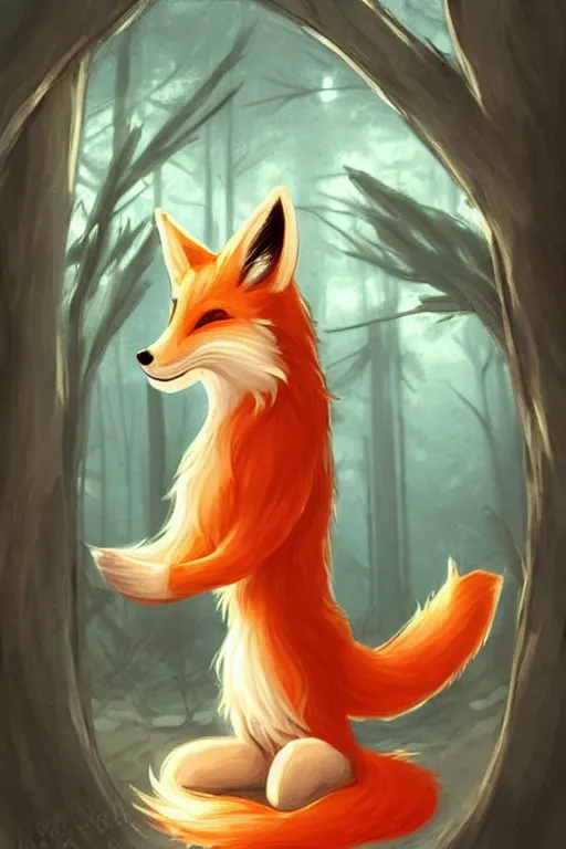 Image similar to a pretty medieval anthropomorphic fox with a fluffy tail in the forest, comic art, trending on furaffinity, cartoon, kawaii, backlighting, furry art!!!, warm shading, concept art, sunset