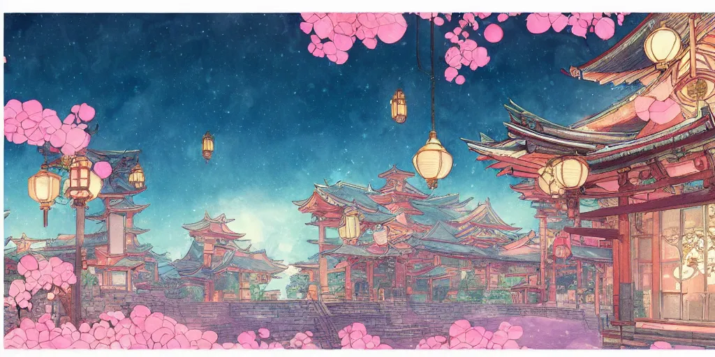 Image similar to bathhouse and nature, japanese, lanterns. watercolor art, expansive cinematic view, volumetric shading, intricate and detailed, highly saturated colors. breath of the wild style, by hayao miyazaki ghibli!!!. pastel!! pink!! accents. trending on artstation. award winning