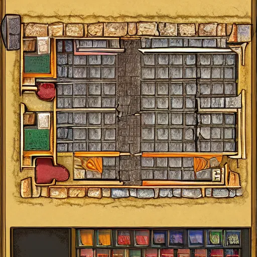 Image similar to tavern interior dungeons and dragons color map, dungeondraft, many room, fireplace