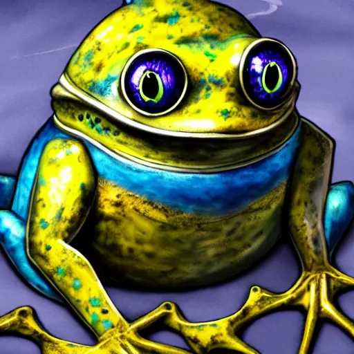 Prompt: anime mechanical blue steampunk frog with yellow eyes,, oil paint, cinematic light, 8 k, high detail