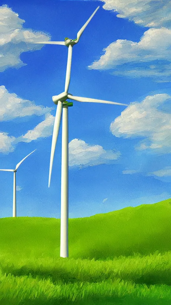 Image similar to a wind turbine, blue sky, sunshine,green land, highly detailed, digital painting