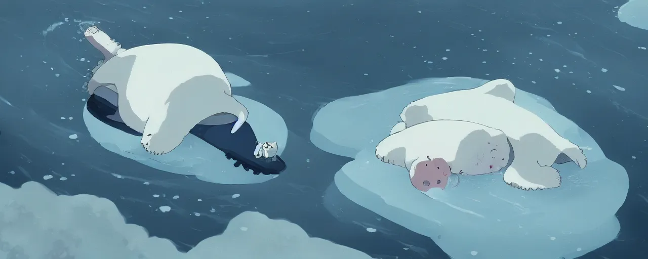 Image similar to a dead baby harp seal on the bottom of the ocean, atey ghailan, goro fujita, studio ghibli, rim light, dark lighting, clear focus, very coherent,