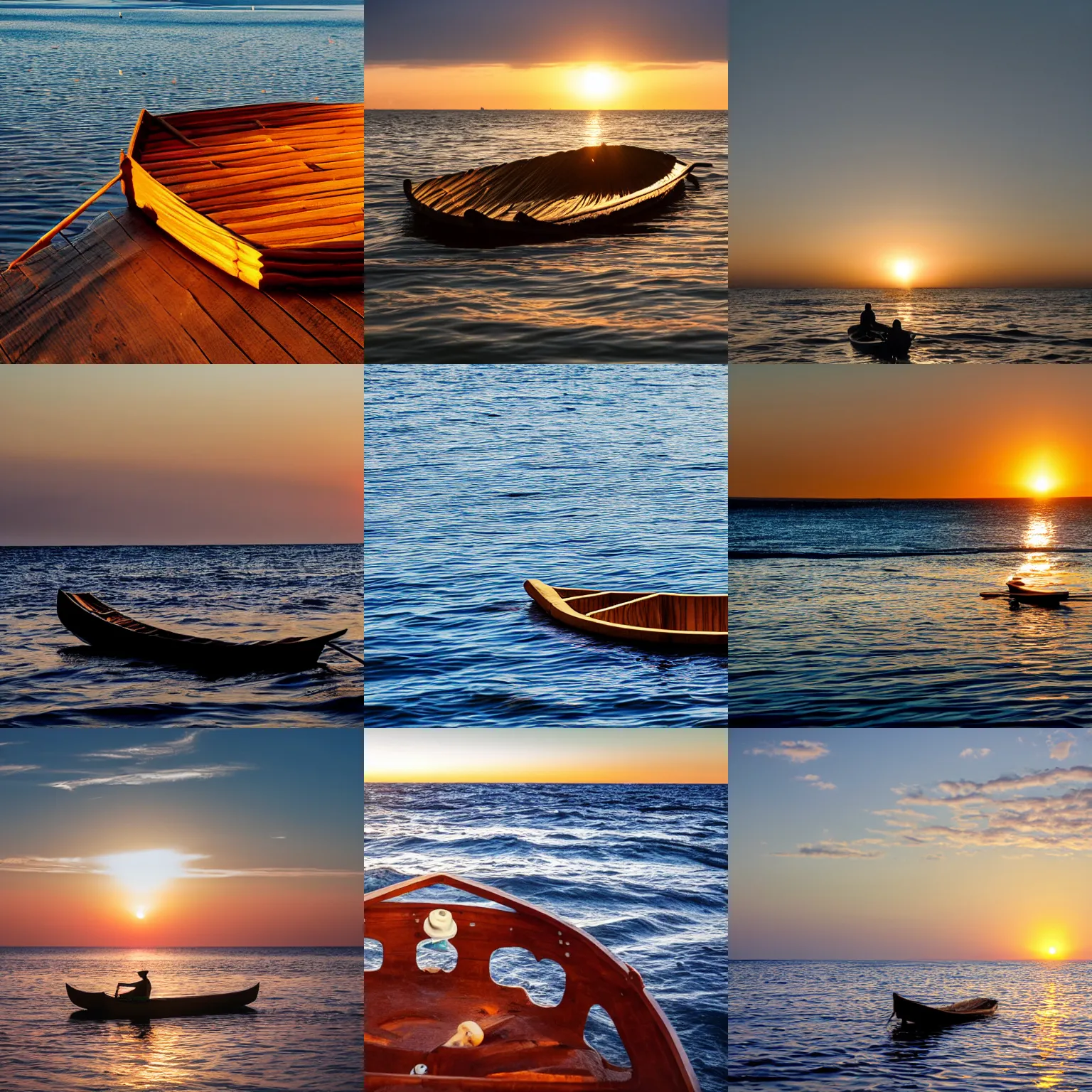 Prompt: a vast ocean at golden hour with a small wooden raft floating in the center