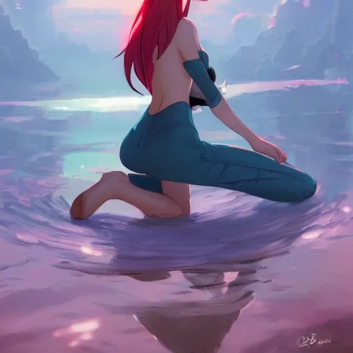 Image similar to fantasy woman girl kneeling in a pond miss attractive eye catching official fanart behance hd artstation by Rossdraws and Jesper Ejsing, by Makoto Shinkai and Lois van baarle, ilya kuvshinov, mystic, dreaming