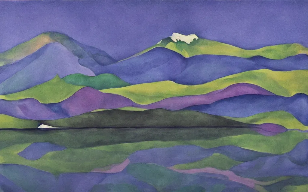 Image similar to the alps and reflection in a lake in the style of georgia o keeffe. colorful, wavy. painting. medium long shot. perspective. color palette of blue, yellow, purple, green. alpenguhen