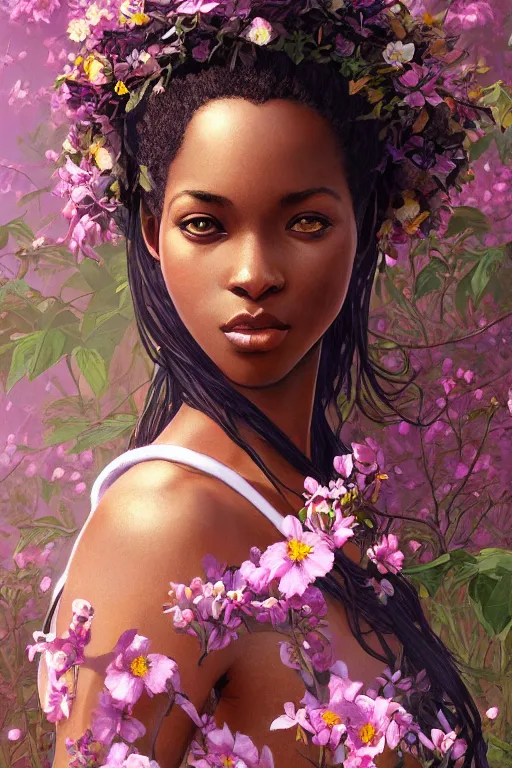 Prompt: ultra realistic illustration, beautiful swahili woman with flowers blossoming from helmet, elegant, highly detailed, digital painting, concept art, smooth, sharp focus, illustration, art by artgerm and greg rutkowski and alphonse mucha