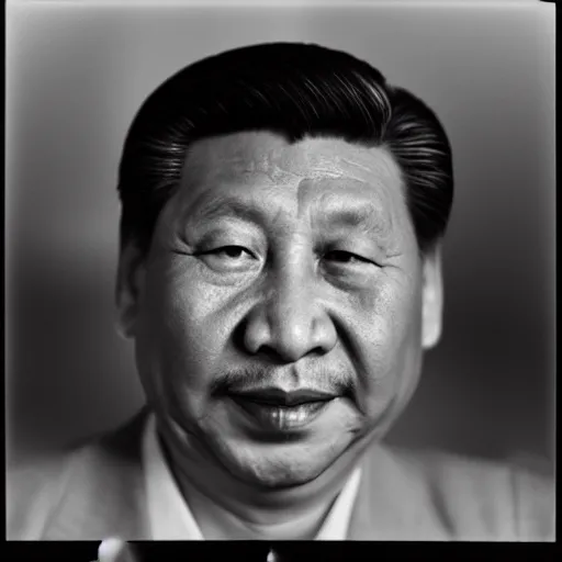 Image similar to photo of Xi Jinping by Diane Arbus, extreme closeup, black and white, high contrast, Rolleiflex, 55mm f/4 lens