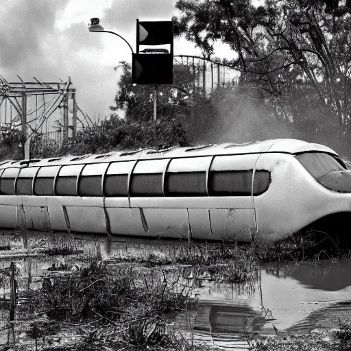 Image similar to post - apocalyptic magic kingdom, wasteland, submerged, monorail, abandoned, wet, swamp, swamp gas, nuclear fallout, black and white, dark clouds, mickey mouse, walt disney world, rubberhose cartoon