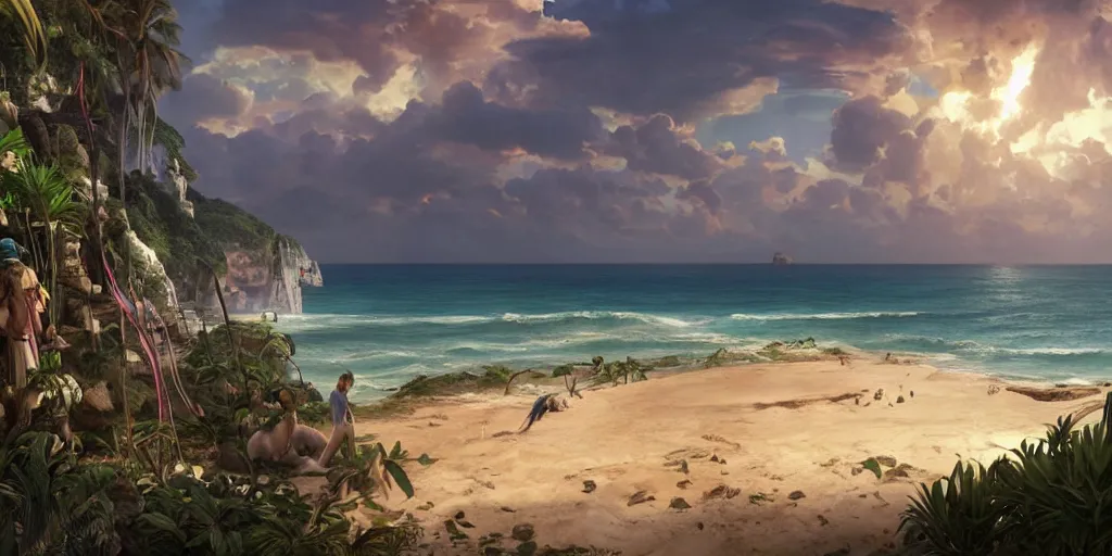 Prompt: landscape of coast upon which the ruins of an ancient mayan temple are exposed, tropical elements, despair, refresh, dramatic sunset, art by artgerm and greg rutkowski and alphonse mucha, concept art, octane render, unreal engine 5, highly detailed, high quality, 8 k, soft lighting, realistic face, path traced