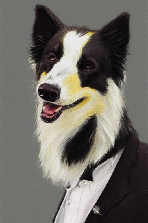 Image similar to portrait of a cute male anthropomorphic border collie fursona wearing a suit. by henry asencio, jon foster, and ross tran. highly detailed, concept art, furry, glamor pose, elegant, aesthetic, beautiful, trending on artstation, top rated on furaffinity and deviantart