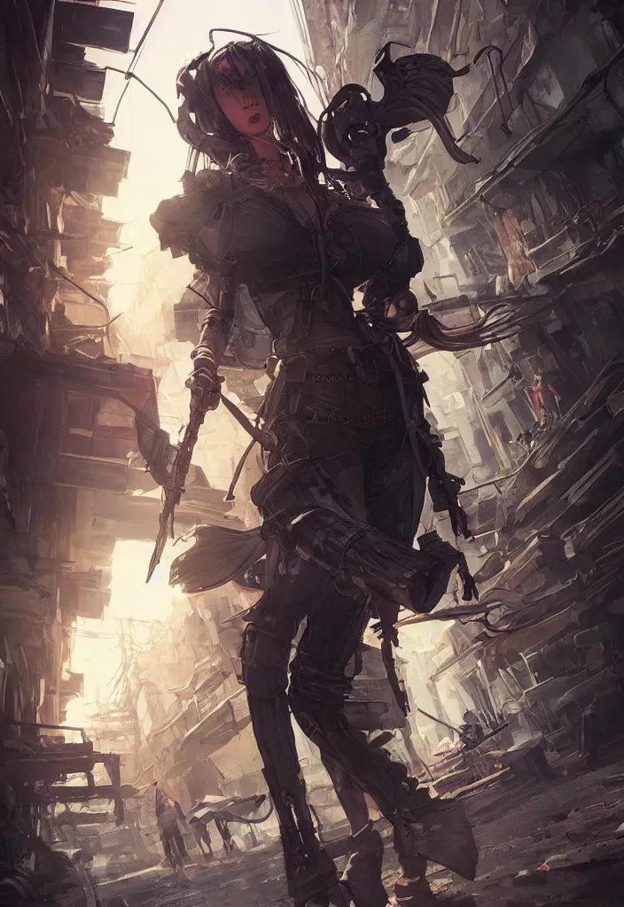 Image similar to Beautiful science fiction warrior princess full body portrait, set in post apocalyptic Tokyo alleyway, glorious sunlight, colors and shadows, D&D, fantasy, highly detailed, digital painting, artstation, concept art, sharp focus, illustration, in style of Artgerm and KyuYong Eom and Mansik Yang and WLOP and Greg Rutkowski and Paul Chadeisson